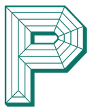 The letter p is made of diamonds and has a spider web around it.