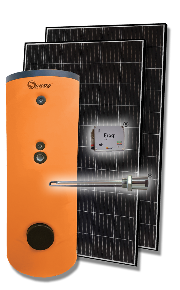 Sistema di riscaldamento solare dell'acqua: serbatoio arancione, pannelli solari e unità di controllo.