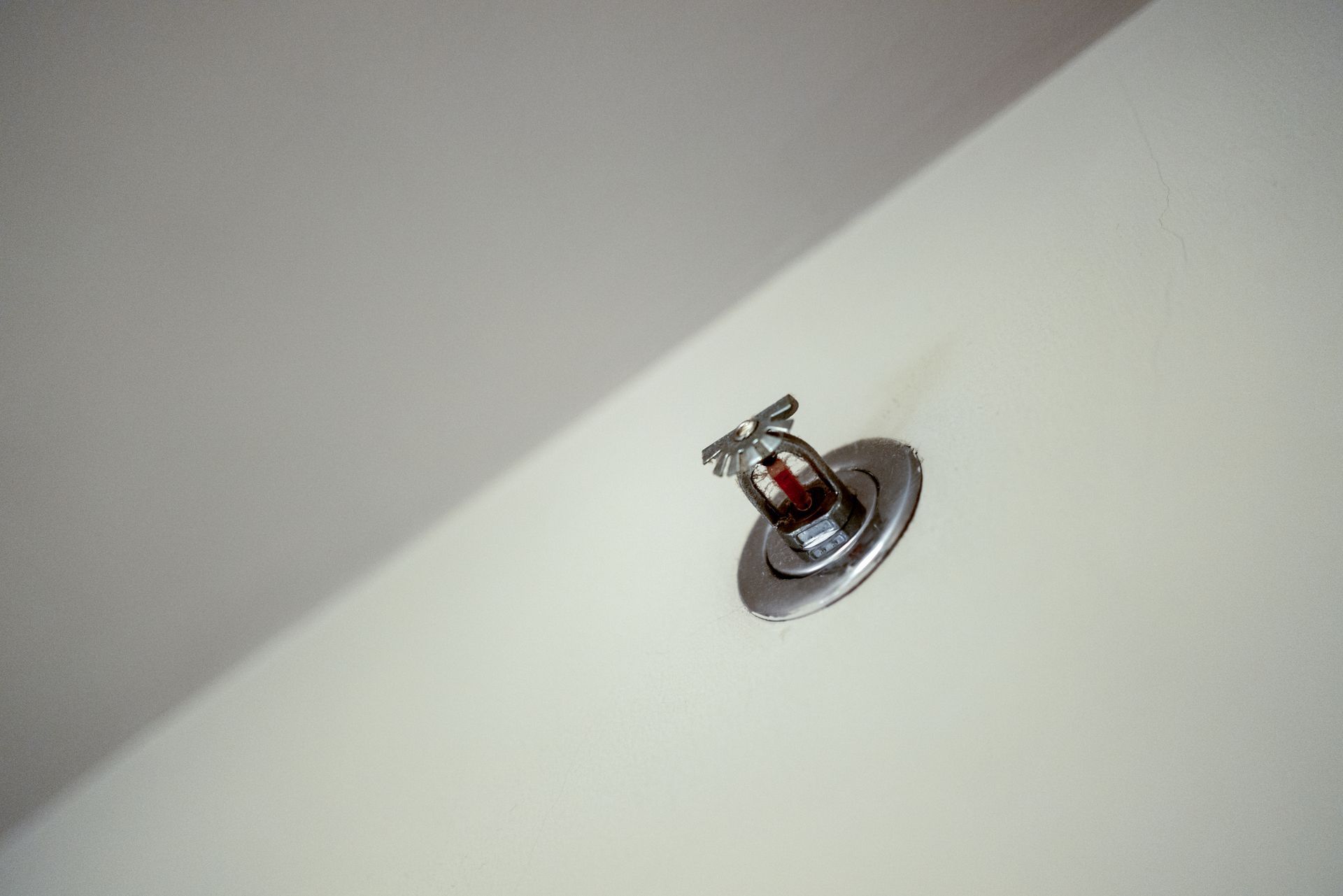 Impianto antincendio montato su un soffitto bianco.