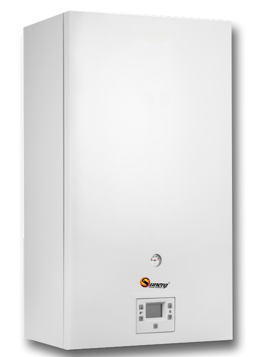 Caldaia a gas bianca da parete con display e logo