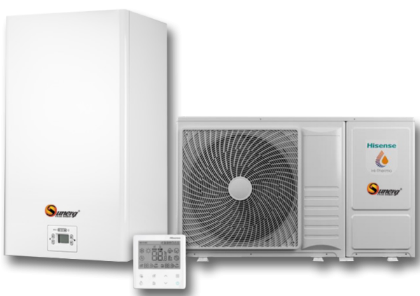 Sistema di pompa di calore bianca con unità esterna, unità interna e telecomando.