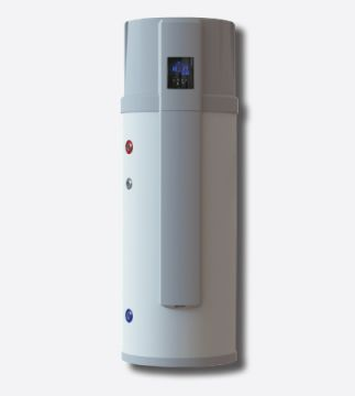 Scaldabagno a pompa di calore bianco e grigio con display digitale; porte rosse e blu visibili.