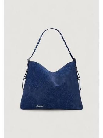 Borsa a tracolla in pelle blu con superficie testurizzata e manico intrecciato.
