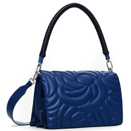 Borsa a tracolla blu con stampa floreale e manico intrecciato nero.