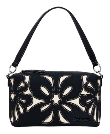 Borsa Desigual nera e color crema con ritagli floreali e manico singolo.