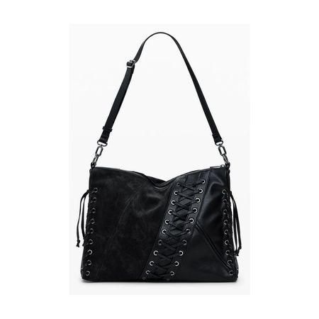 Borsa a tracolla nera con lacci e tracolla regolabile.