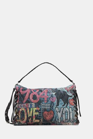 Borsa a tracolla con stampa in stile graffiti, raffigurante testo e la sagoma di un gatto nero.