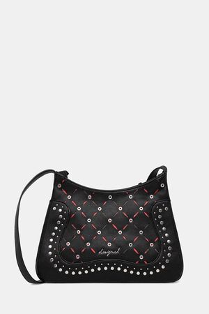 Borsa a tracolla nera con cuciture rosse e borchie argentate.