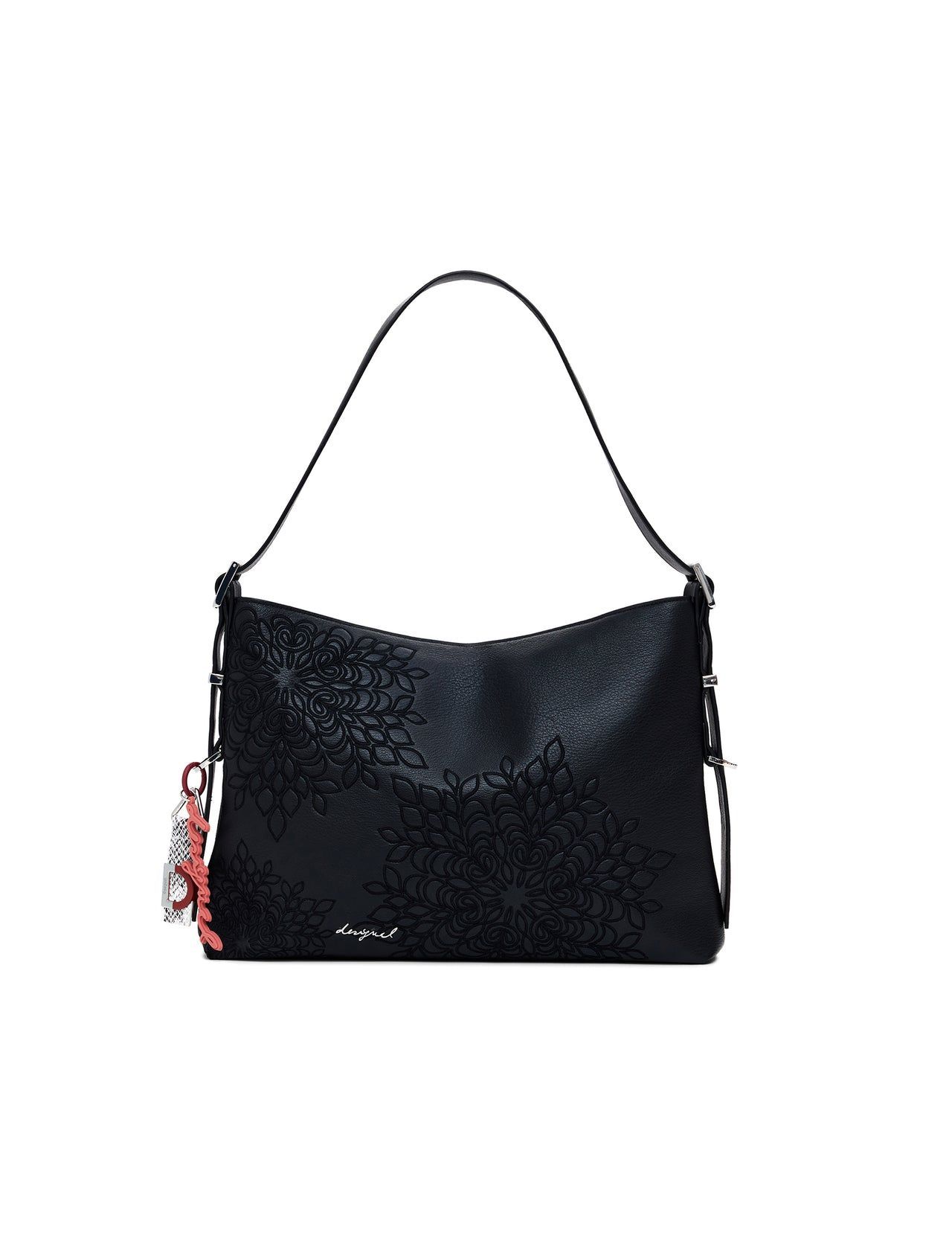 Borsa a tracolla nera con motivo floreale in rilievo, piccolo ciondolo e tracolla.