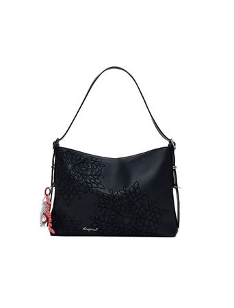 Borsa a tracolla nera con motivo floreale in rilievo, piccolo ciondolo e tracolla.