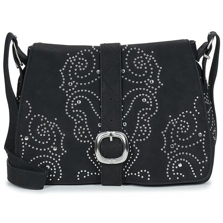 Borsa a tracolla nera con decorazioni e fibbia argentate.