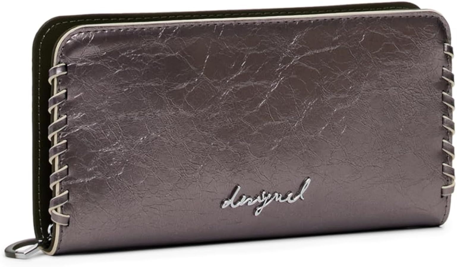 Portafoglio Desigual color argento metallizzato con bordi cuciti e logo.
