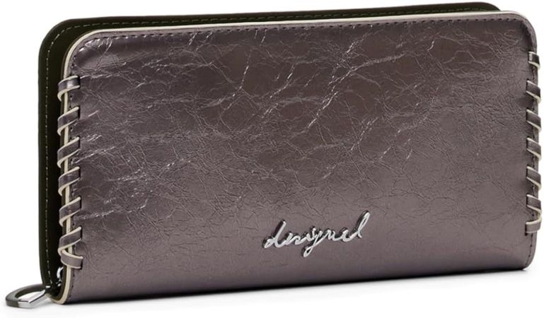 Portafoglio Desigual color argento metallizzato con bordi cuciti e logo.