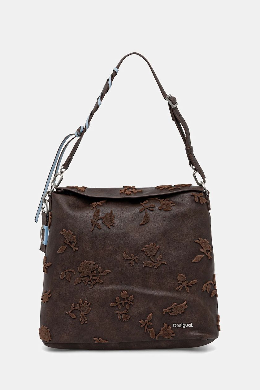 Borsa a tracolla marrone con ricami floreali e tracolla.