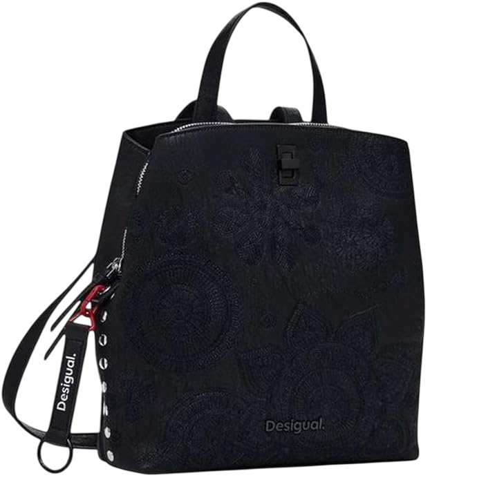 Zaino Desigual nero con manico superiore, spallacci regolabili e chiusura a scatto.