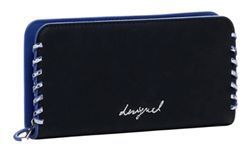 Portafoglio nero con dettagli blu e cuciture bianche; logo 