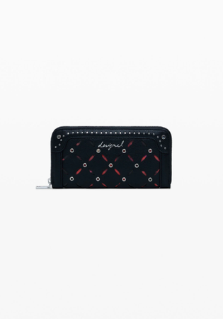 Portafoglio blu navy con motivo a rombi rossi, borchie argentate, logo 