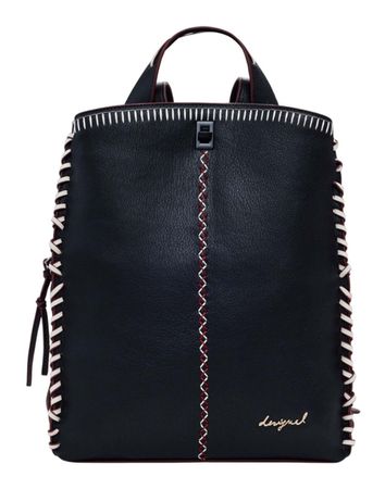 Zaino in pelle nera con cuciture bianche e logo Desigual.