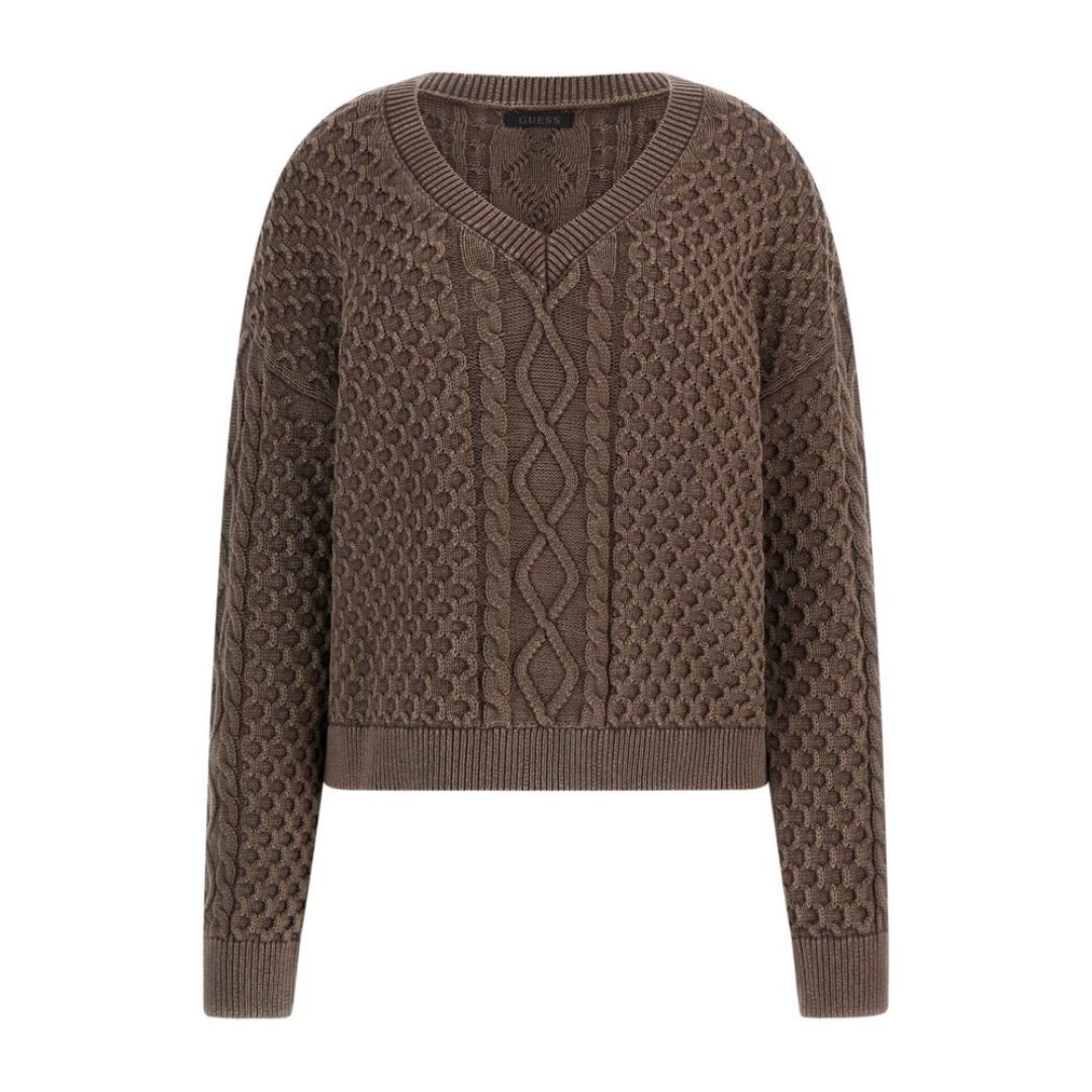Maglione marrone con scollo a V e lavorazione a trecce, con dettagli testurizzati.