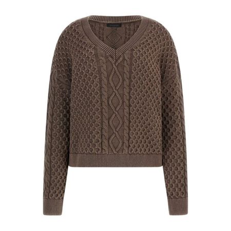 Maglione marrone con scollo a V e lavorazione a trecce, con dettagli testurizzati.