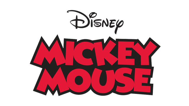 Logo Disney di Topolino con testo rosso e contorno nero.