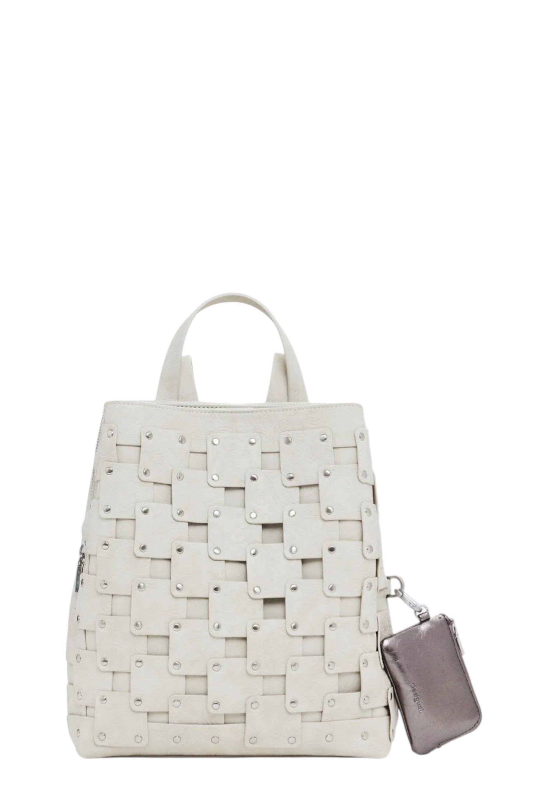 Zaino bianco intrecciato con piccolo portamonete attaccato.
