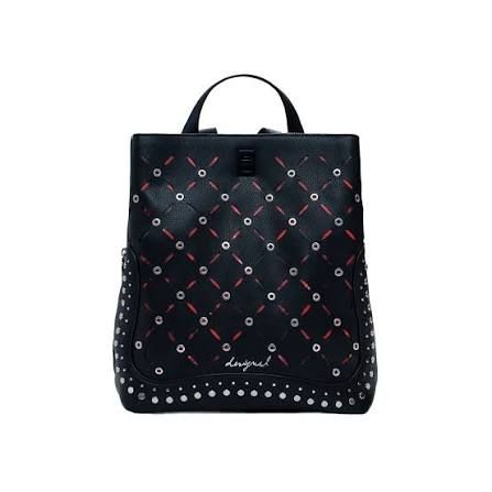 Zaino nero con motivo borchiato e maniglia superiore.