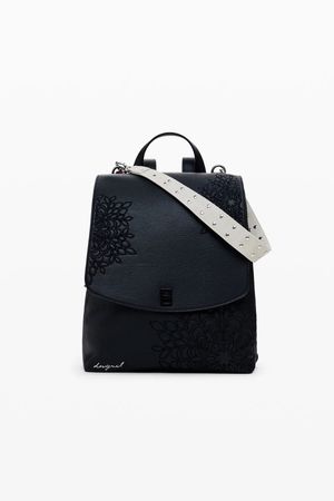 Zaino nero glitterato con motivo floreale e tracolla color crema.