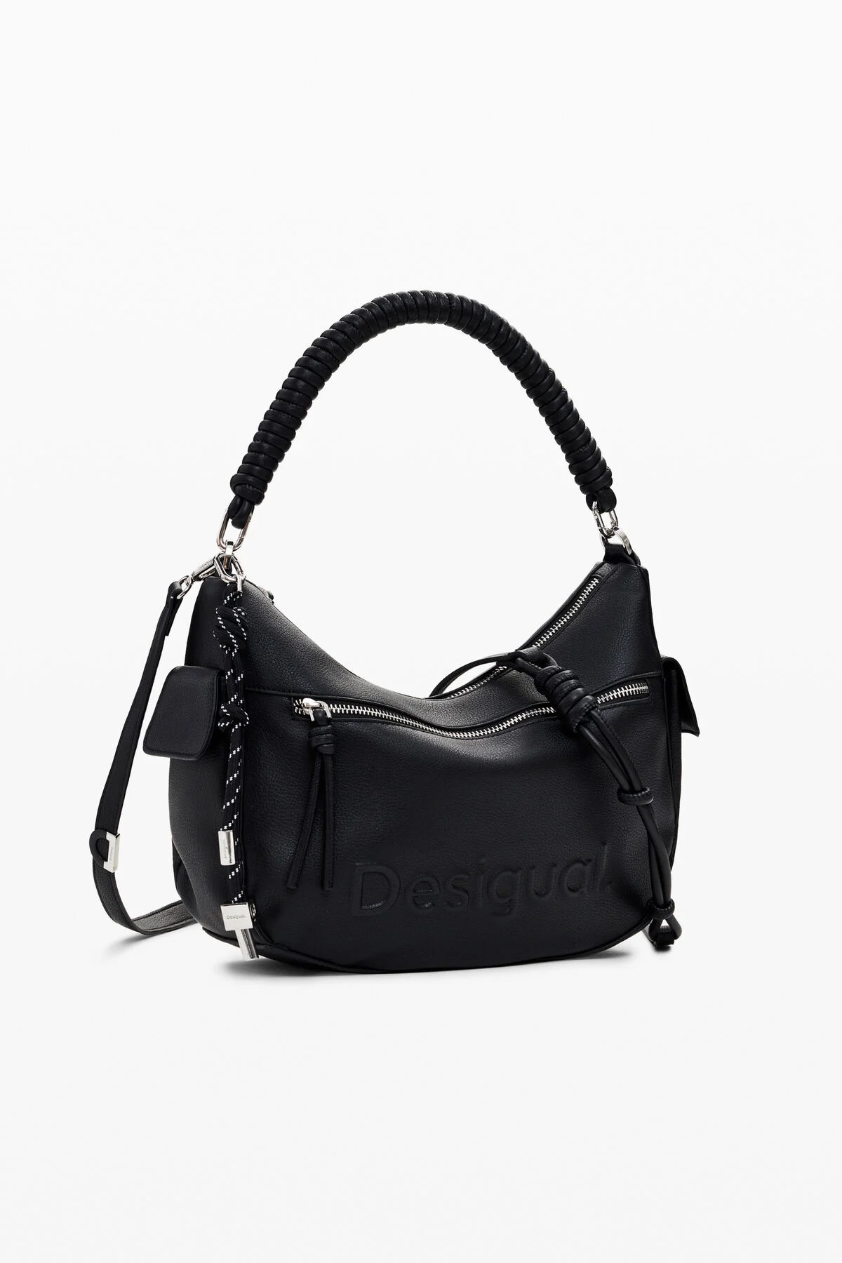 Borsa hobo Desigual nera con manico intrecciato e tracolla.