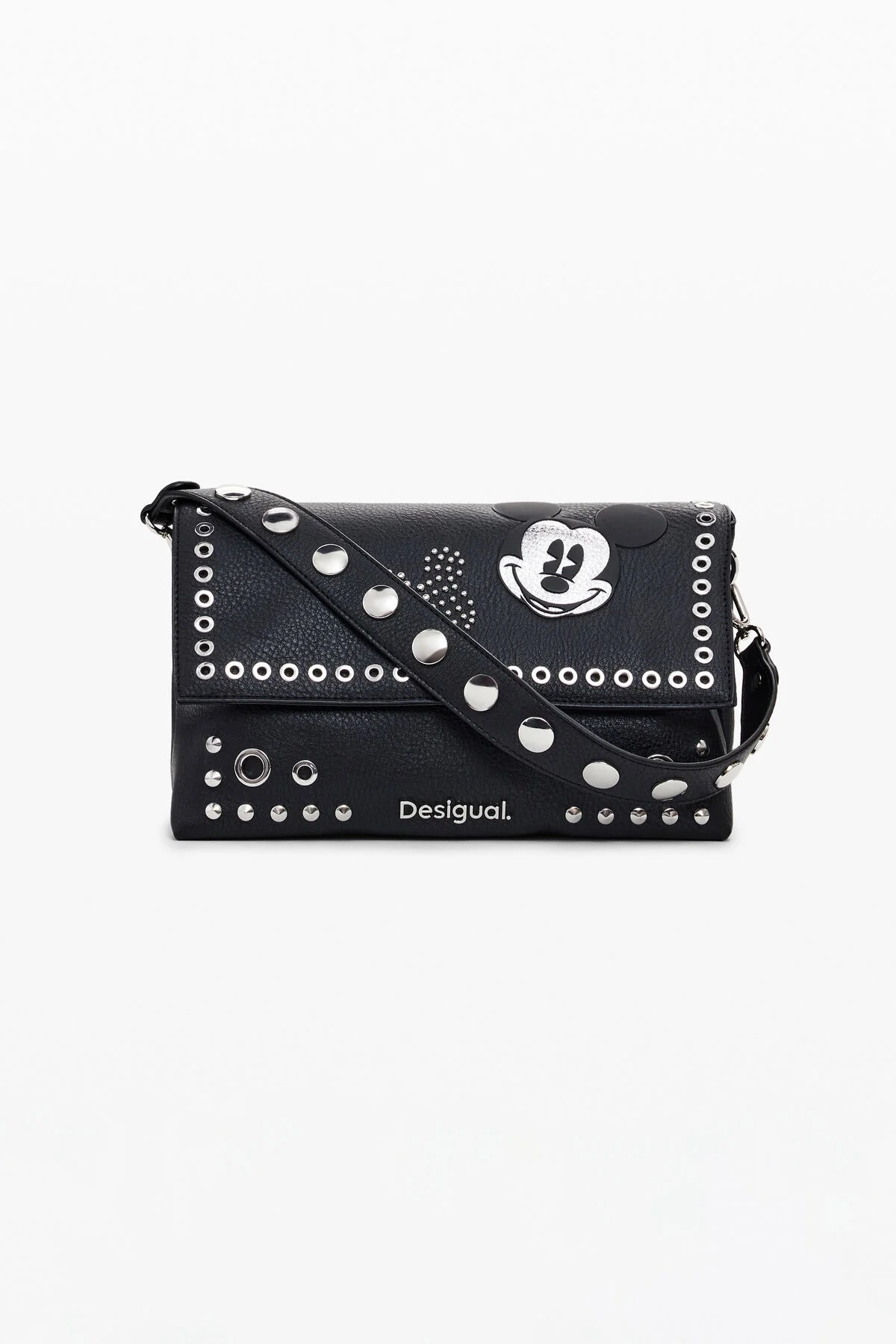 Borsa a tracolla nera con borchie argentate, dettaglio di Topolino e scritta 