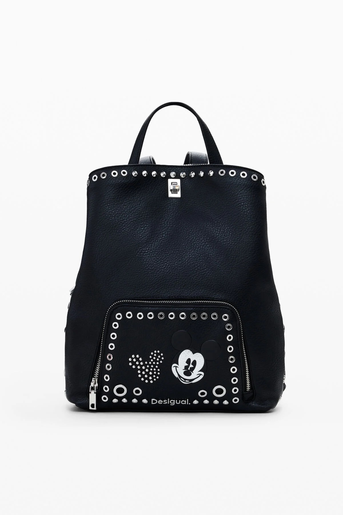 Zaino nero con borchie argentate e disegno di Topolino.