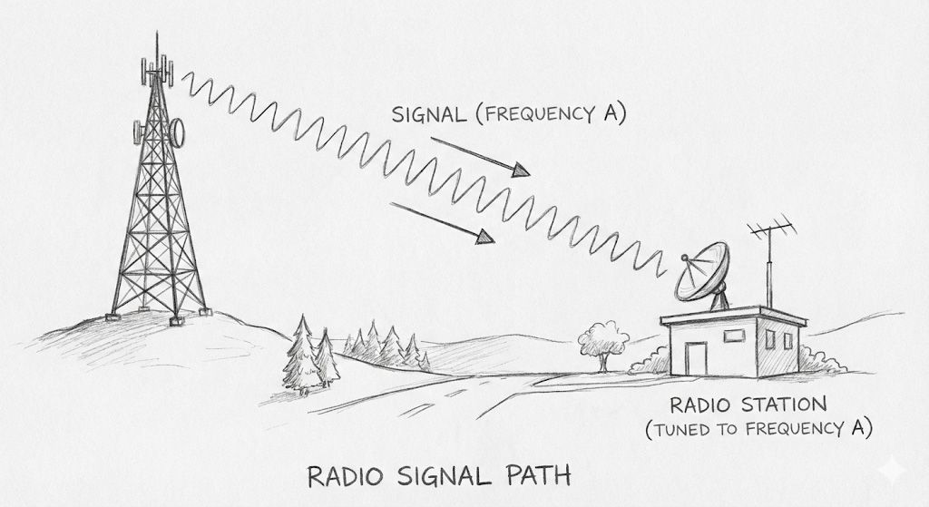 A radio tower transmits a signal at a specific frequency to a radio station equipped with a satellite dish.