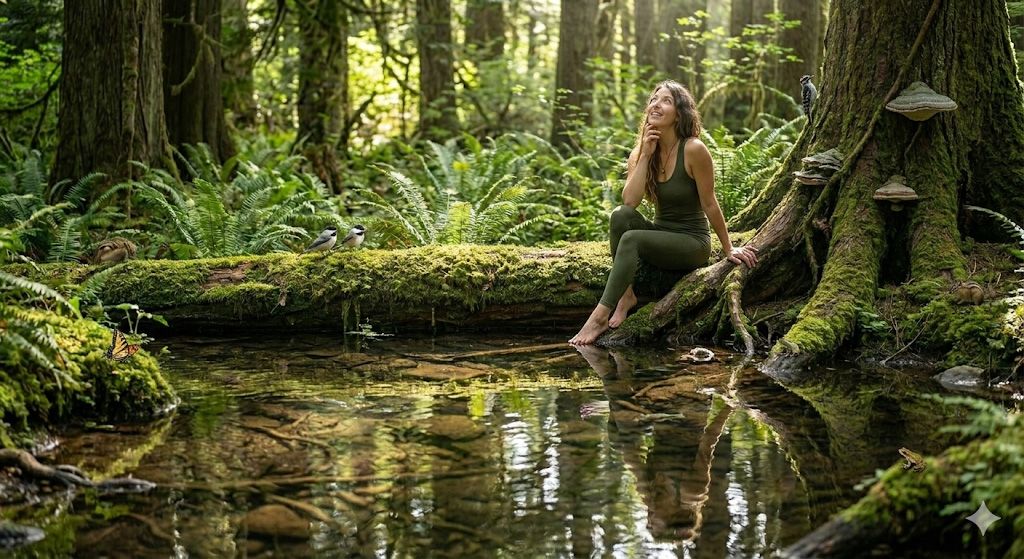 A person sits on a mossy log over a forest pond, looking up at the sunlight filtering through trees.
