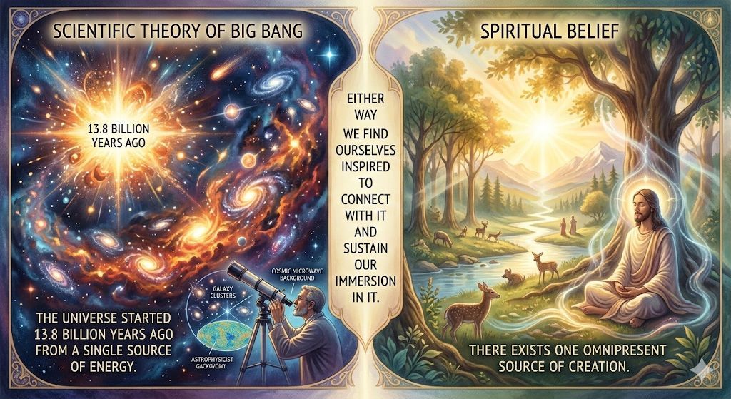 A split-screen comparison: the Big Bang theory of the universe on the left and a serene, spiritual forest scene on the right.