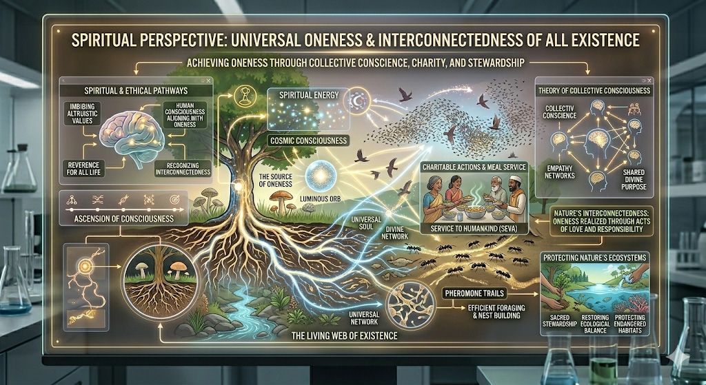 A digital display shows a complex diagram illustrating universal interconnectedness through nature, science, and humanity.
