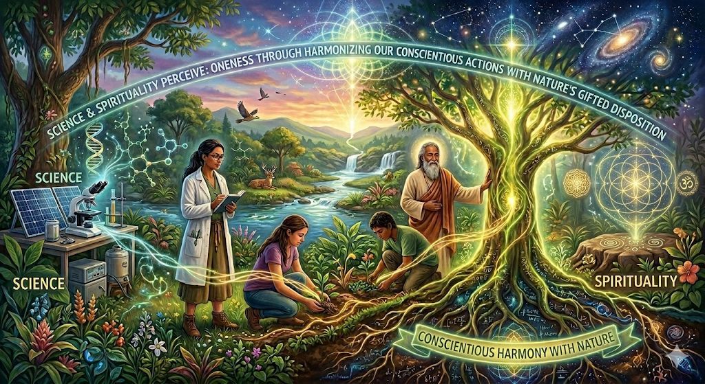 A scientist and people tending a glowing tree in a lush landscape, blending themes of science and spirituality.