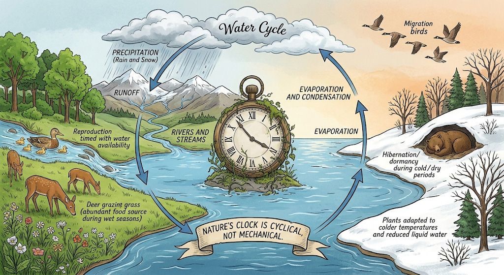 An illustration shows the water cycle as a clock face, cycling between lush green landscapes and snow-covered winters.