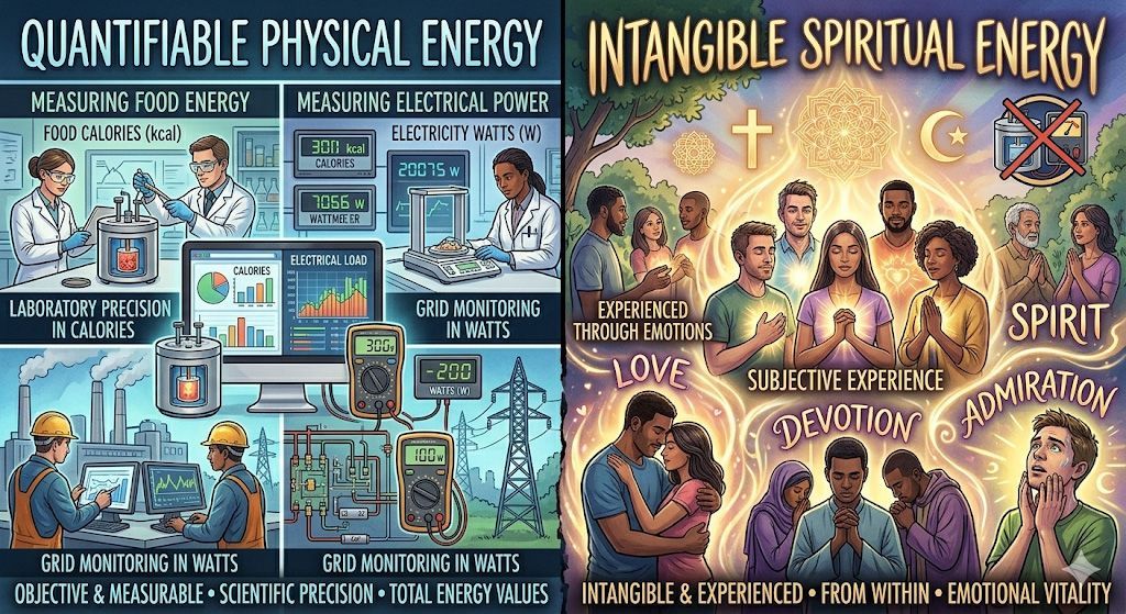 An infographic comparing Quantifiable Physical Energy (scientific, measurable) with Intangible Spiritual Energy (subjective).