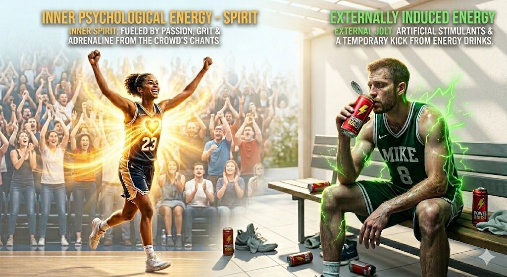 Comparison of an athlete celebrating with internal energy versus a player on a bench fueled by an energy drink.