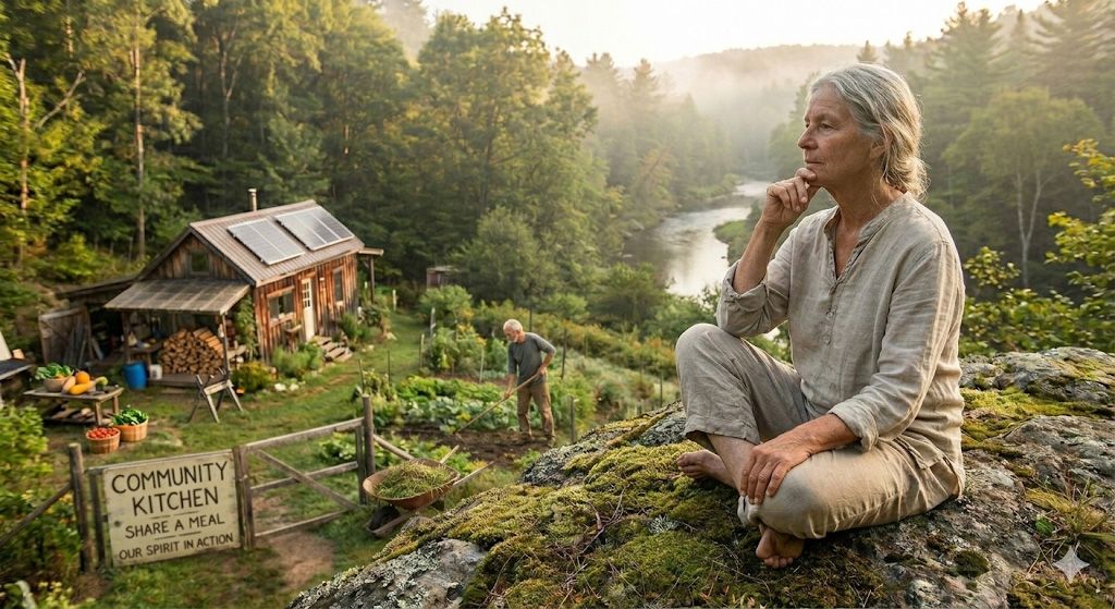 A person sitting meditatively on a mossy rock overlooking a garden, a small cabin, and a river in a forested landscape.
