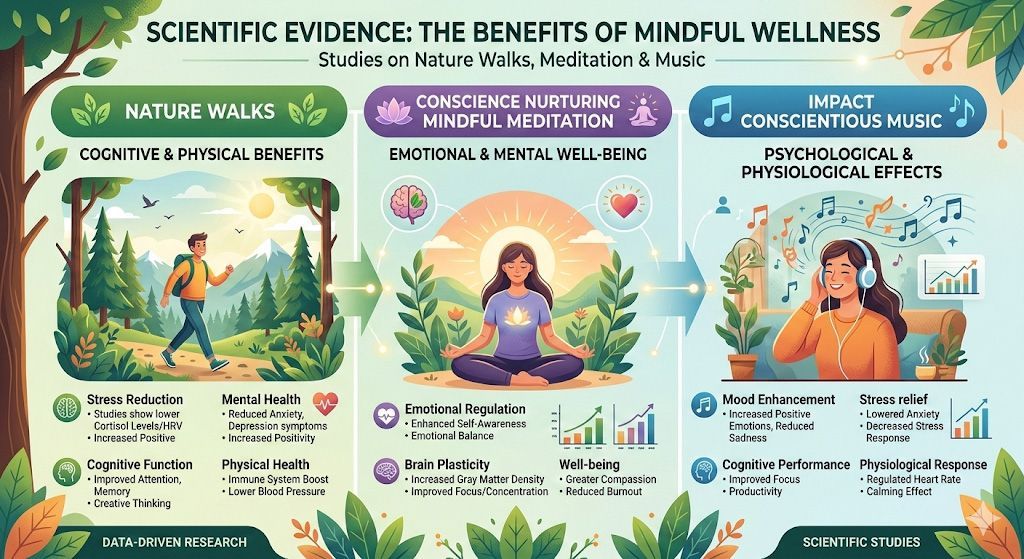 An infographic on the scientific benefits of nature walks, meditation, and music for mindful wellness.