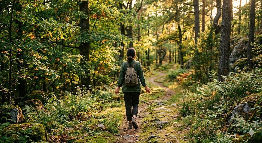 A person with a backpack walks away along a sunlit, green forest trail.