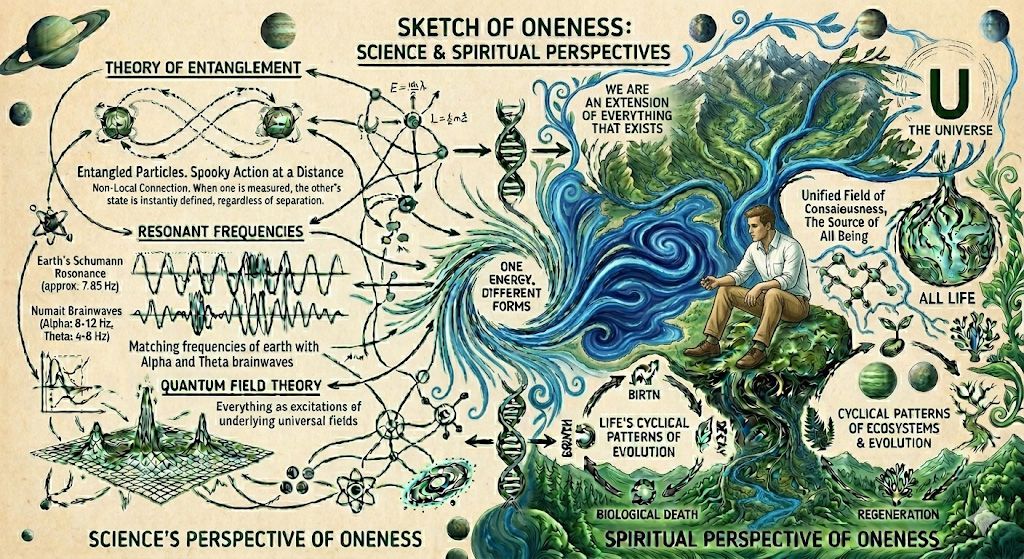 A diagram titled Sketch of Oneness compares scientific and spiritual perspectives, showing cosmic, quantum, and life cycles.
