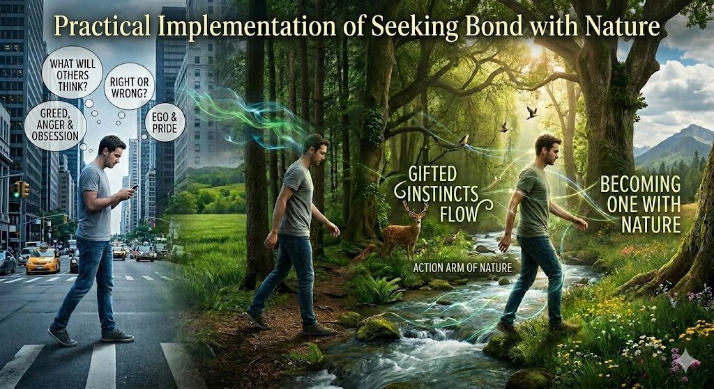 A man transitions from a busy city street to a lush forest, illustrating a move from digital distraction to nature.