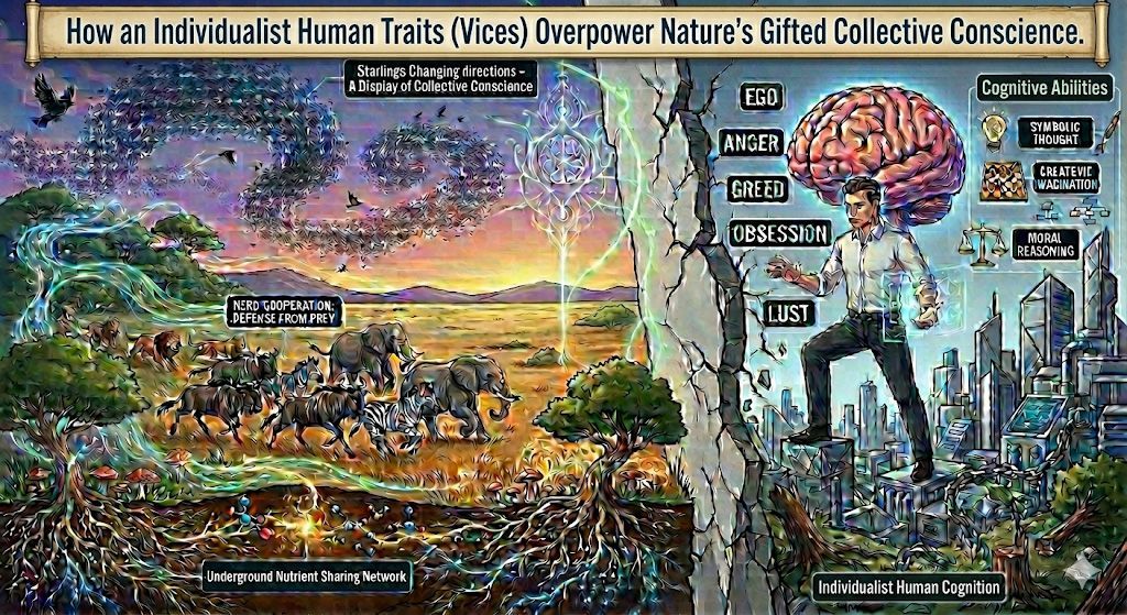 A split-screen illustration showing a contrast between nature's collective consciousness and human individualistic greed.