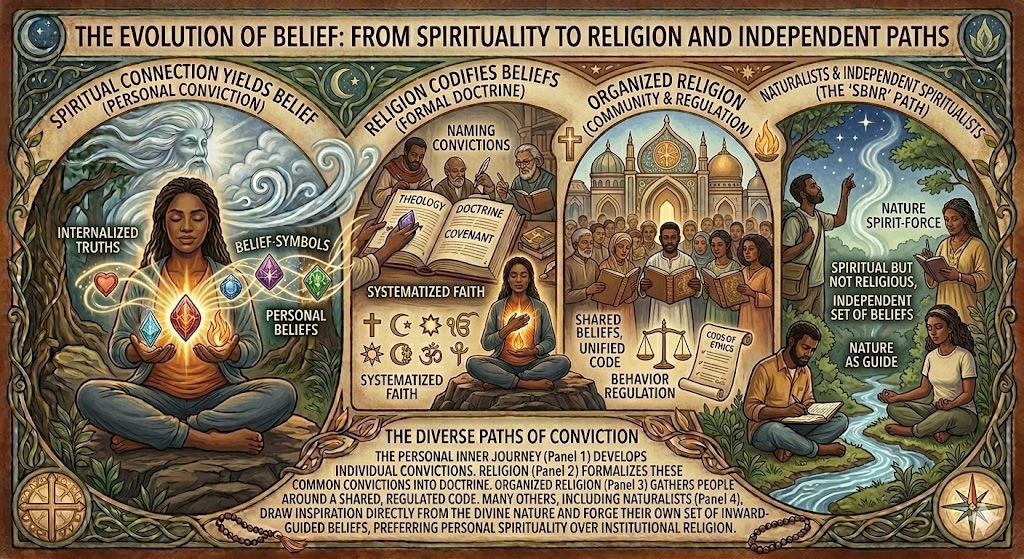 An illustration depicting the evolution of belief through four panels, from personal meditation to religion and nature.