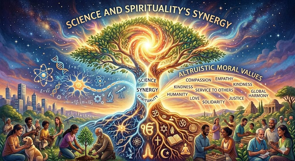 A surreal illustration depicts a central tree symbolizing the synergy of science and spirituality, surrounded by humanity.