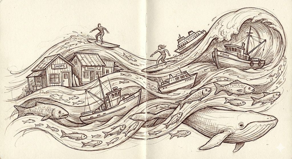 An ink illustration of a wave curling around a coastal house and a whale, with surfers and boats amidst the swirling water.
