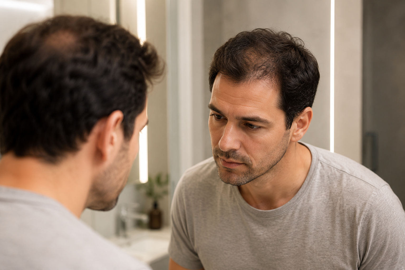 Homem observando rarefação capilar frontal e no topo da cabeça relacionada à alopecia androgenética