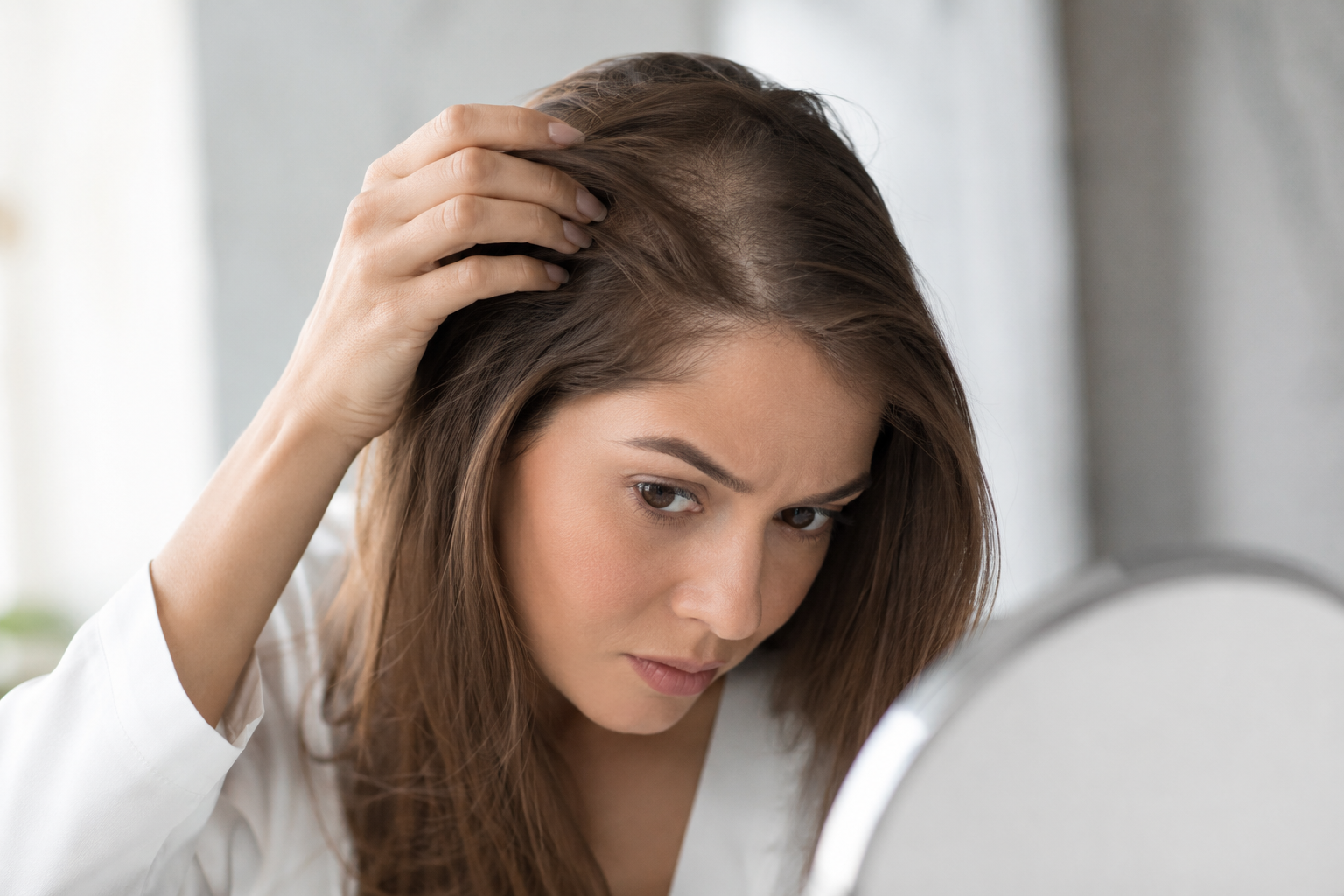 Queda de cabelo feminina e redução de densidade capilar Mulher observando redução de densidade capilar no topo da cabeça durante avaliação de queda de cabelo feminina